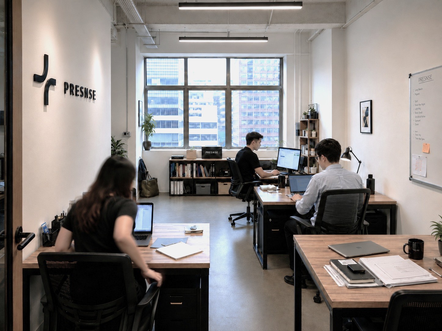 Inside the PRESNSE studio in Kwun Tong, Kowloon — the team at work at their desks.