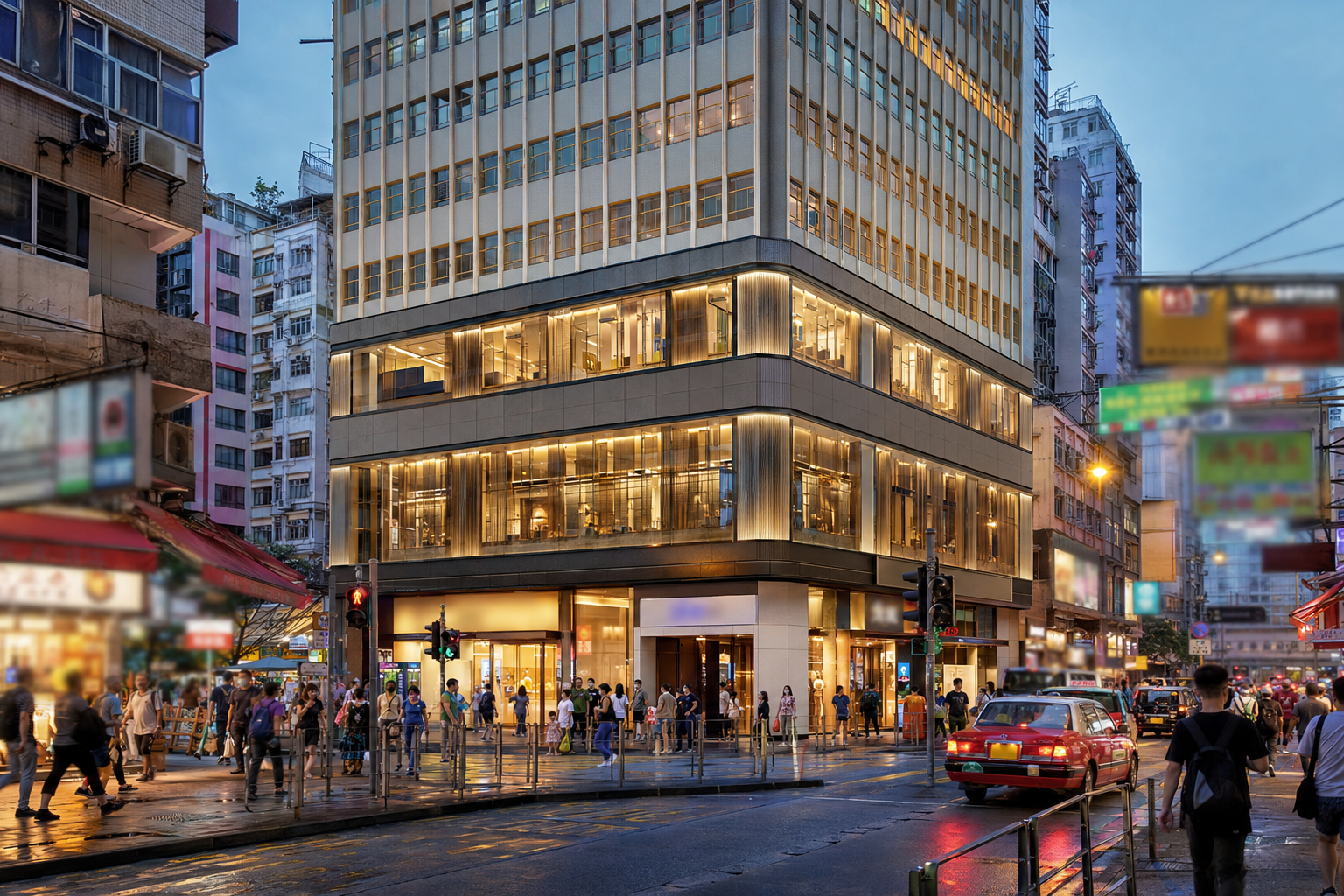 A Mong Kok commercial building at dusk, the kind of dense tower that holds registered Chinese-medicine clinics above street level.